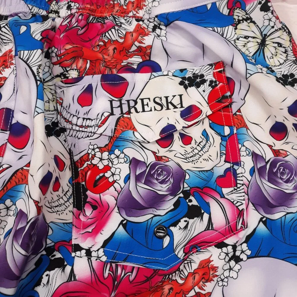 Hreski Swim Trunks Water Beach Shorts Mens Size 40 Skull Rose Grunge Red Blue